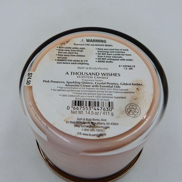 Bath And Body Works Fragrance Scented A Thousand Wishes 3 Wick Candle Peonies - Picture 5 of 5